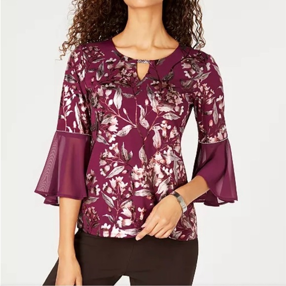 JM Collection Purple Blouse Floral Metallic Trim Sheer Sleeve Women’s Sz Large - Picture 2 of 13